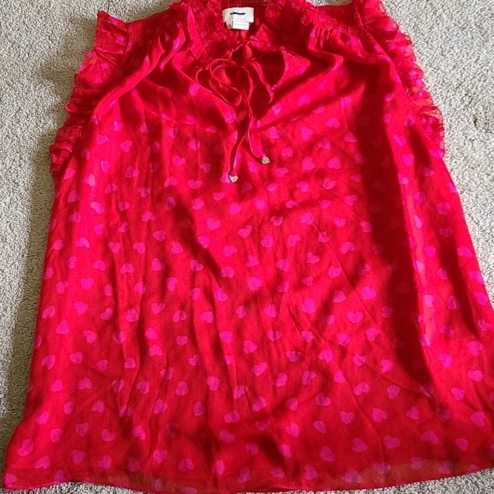 Kate Spade Red Pink Hearts Ruffled Sleeveless Silk Blouse - Picture 3 of 5
